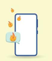 3D Like message with FIre icon in Smartphone Isolated. Hot Like Symbol in Rounded Pin. Realistic Vector Illustration