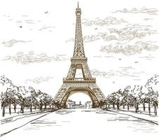 Landscape with Eiffel tower in black and white colors on grey background vector