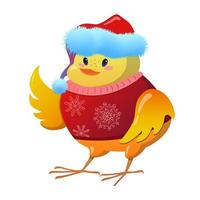 Cute yellow chicken in Santa's red hat and warm sweater. Bird in cartoon style. Vector illustration isolated on white background.