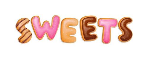 Sweets realistic donut themed lettering illustration. vector