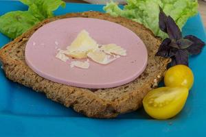 Sausage sandwich on the plate and wooden background photo