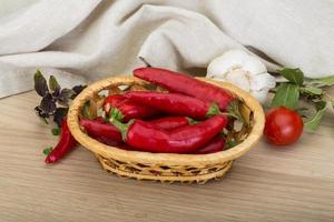 Chili peppers in a basket on wooden background photo