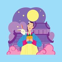 Cute Korean Girl and The Bunny with a Big Persimmon vector