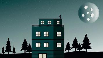 paisaje vectorial con una casa y árboles bajo la luna vector