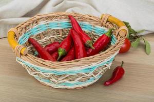 Chili peppers in a basket on wooden background photo