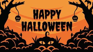 Halloween banner, with pumpkin, skull and Bat silhouettes. orange background vector