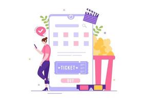 Cinema Ticket Movie for Film Entertainment, Popcorn and Strip Cinematography Template Hand Drawn Cartoon Flat Illustration vector