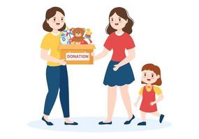caja de donación de cartón que contiene juguetes para niños, atención social, voluntariado y caridad en dibujos animados dibujados a mano ilustración plana vector