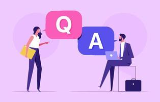 Man asking question in support chat. Customer finding answer and solutions. Concept of customer guide, useful information, faq, questions and answers. Vector illustration