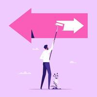 Change to opposite direction, hesitate business decision to change to better opportunity, conflict or reverse direction, career path concept, businessman paint opposite direction arrow on arrow sign vector