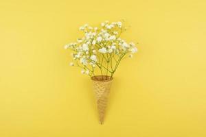 Branches of white gypsophila in a waffle cone as a sign of coming spring photo