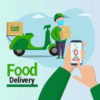 Food delivery app on a smartphone tracking a delivery man on a moped with a ready meal, technology and logistics concept, clear sky in the background.Vectors vector