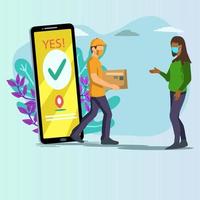Happy smiling delivery man courier character delivering online box shopping order and give it to customer with background mobile. Vector flat cartoon illustration