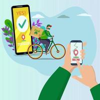 una aplicación de entrega de alimentos en un teléfono inteligente que rastrea a los repartidores en bicicleta con los conceptos de comida rápida, tecnología y logística, cielos despejados en segundo plano. vector