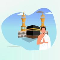 Hajj and Umrah prayers near the Kaaba vector illustration template. with the background of the mosque minaret