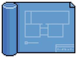 Pixel art blue paper architecture design, architectural project vector icon for game on white background