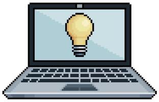 Pixel art laptop with light bulb on screen, idea and creativity vector icon for game on white background