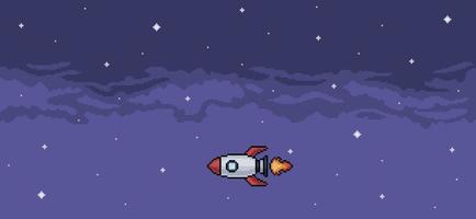 Pixel art background of rocket flying in the night sky background vector for 8 bit game