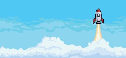 Pixel art background with rocket flying in sky with clouds background vector for 8 bit game