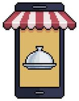 teléfono móvil de pixel art con toldo y plato de comida, icono de vector de aplicación de comida para juego sobre fondo blanco