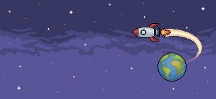 Pixel art background of rocket taking off from earth background vector for 8 bit game