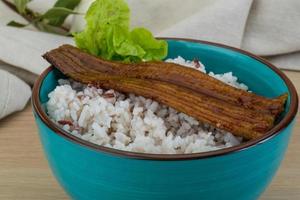 Eel with rice in a bowl on wooden background photo