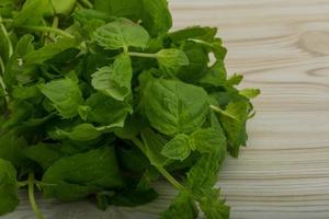 Mint leaves on wooden background photo