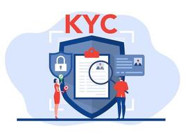 kyc o conozca a su cliente con el negocio verificando la identidad de su concepto de clientes en los futuros socios a través de una idea de lupa de identificación comercial y seguridad financiera. vector
