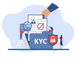 kyc o conozca a su cliente con el negocio verificando la identidad de su concepto de clientes en los futuros socios a través de una idea de lupa de identificación comercial y seguridad financiera. vector