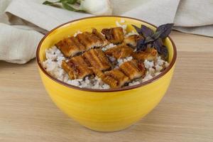 Eel with rice in a bowl on wooden background photo