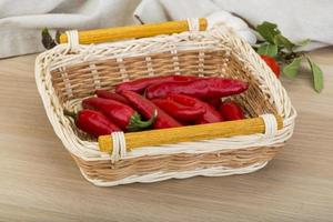Chili peppers in a basket on wooden background photo