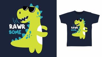 tipografía de diseño elegante de camiseta para niños crudos con ilustración de dinosaurio genial sobre fondo azul marino vector