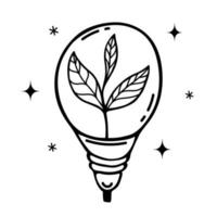 Plant inside light bulb vector icon. A shining bulb with a sprout, a symbol of green energy. Hand drawn doodle isolated on white. Recycling, eco-friendly power, bio concept. For logo, web, apps, print