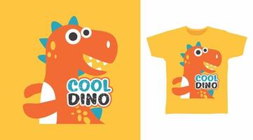 Cool dino camiseta para niños tipografía de diseño elegante con ilustración de dinosaurio feliz sobre fondo amarillo vector