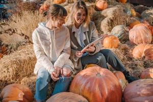 Girls have fun among pumpkins and haystacks on a city street photo