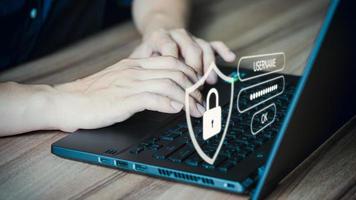 Man typing login and password, cyber security concept, Secure encryption and access to the user's private information to access the Internet. photo