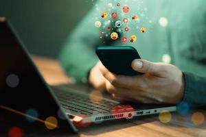 Man hand using smartphone typing live chat chatting on application communication digital web and social network concept. Social media application chat box. photo