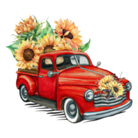 Vintage roter LKW mit Sonnenblumen Png-Sublimationsdesign-Downloads, Aquarell-Sonnenblumen-Bauernhof, Wasserrutschen-Bild, Tumbler-Clipart-Dateien png