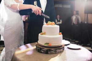 la novia y el novio cortaron el hermoso pastel de bodas foto