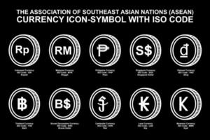 la asociación de naciones del sudeste asiático, símbolo de icono de moneda asean con código iso. ilustración vectorial vector