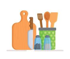 Vector illustration of the concept of kitchen utensils. Cutting board, knives and spatulas for cooking.