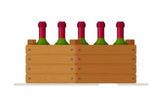 Vector illustration of a wooden box with bottles of wine. Red wine. Wooden box isolated on white background.