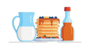 Vector illustration of pancakes with syrup, berries and milk in a jug.