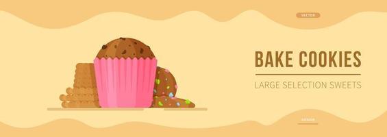 Vector illustration of a candy banner on a brown background with sweats.