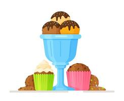 Ilustración de vector dulce de un concepto dulce que consiste en helado en un vaso azul, pastelitos, galletas.