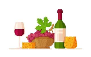 botella de vino con copa y uvas. ilustración vectorial del concepto de vino. botella de vino con copa y uvas. ilustración vectorial del concepto de vino. vector