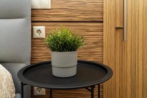 una flor verde artificial en una maceta de hormigón gris sobre una mesa en un dormitorio moderno foto