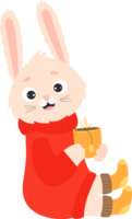 Cute bunny in knitted clothes with cup png