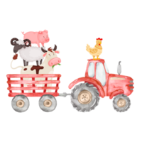 animal de fazenda trator vermelho png, vaca ovelha frango galo porco, animais de trator de fazenda, projetos de sublimação em aquarela de festa de fazenda, download digital png