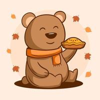 lindo oso comiendo pastel en el día de acción de gracias vector